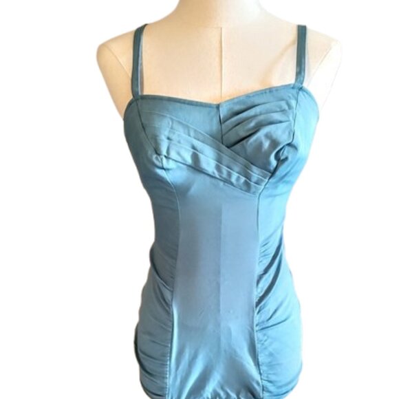 1950s Vintage Blue Skirted One Piece Gathered Fitted Swimsuit Bathing Suit XS - Picture 3 of 9